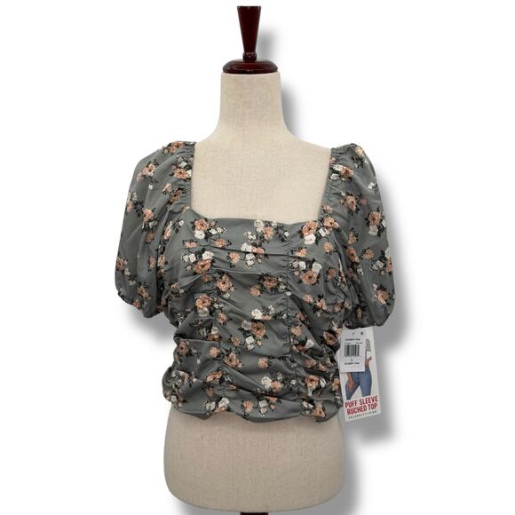 NEW Celebrity Pink Gray Floral Top Size Large Smocked ruched Puff Sleeve Crop - Picture 3 of 11